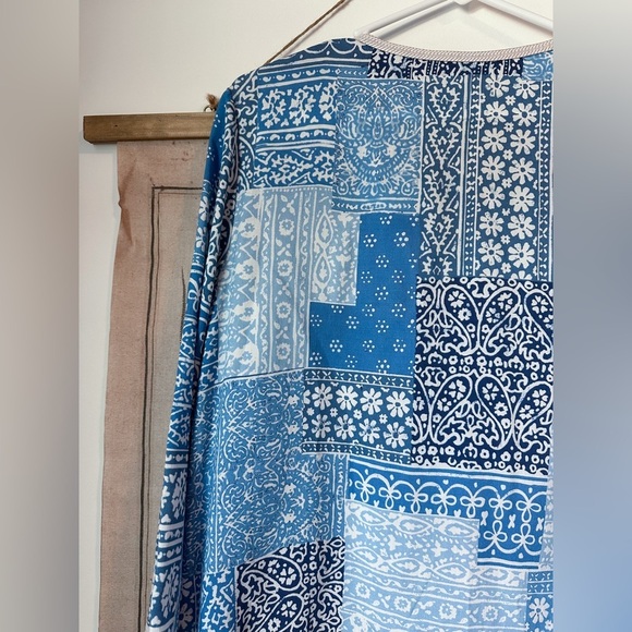 J McLaughlin 3/4 Sleeve Patchwork Paisley Tunic Top Cover Up Beach Blue Large - Picture 7 of 12